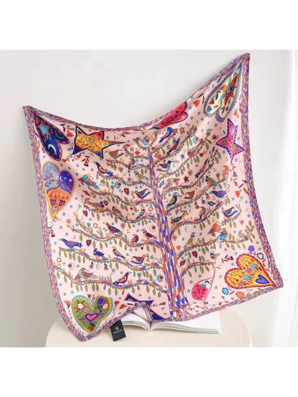 New Square Scarf Silk Satin Printed Pink Tree Birds Heart Whimsical Novelty